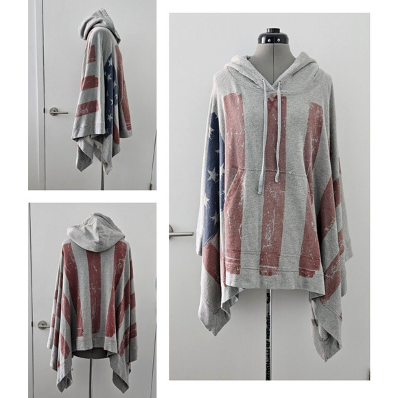 HAUTE HIPPIE cool collectible travel usa flag free people hooded poncho cape o/s - Picture 10 of 12